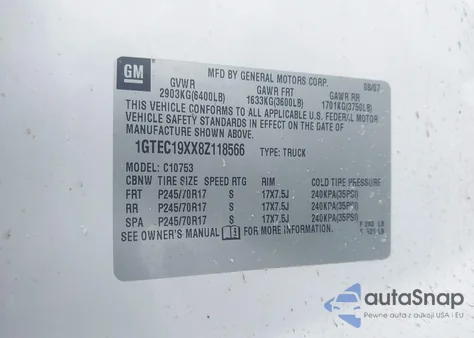 2008 GMC Sierra 1500 Work Truck z USA, uszkodzony, nr VIN 1GTEC19XX8Z118566